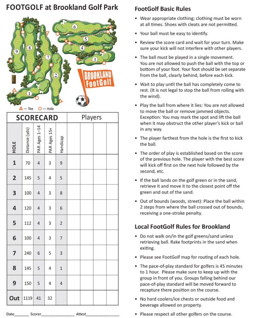 Footgolf scorecard and rules