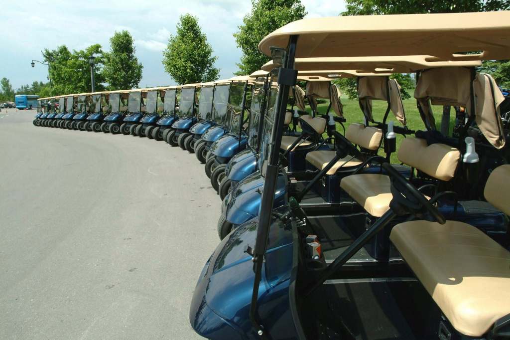 A row of golf carts